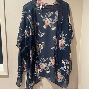 Xhilaration Floral Kimono Cardigan - Navy and Pink